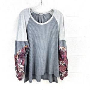 Umgee Top Womens Mixed Media Boho Lantern Sleeve Peasant Popover Gray Sz XL